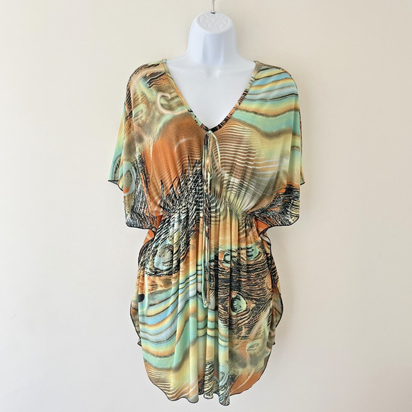 Y2K Tunic Top Peacock Feather Cyber Print Flowy Caftan Rave Resort Festival L - Picture 1 of 11